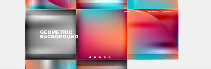 A vibrant display of colorful squares in shades of azure, violet, magenta, and electric blue on a white background, creating a dynamic visual experience