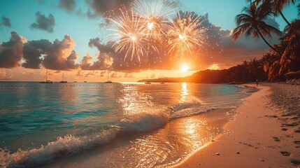 fireworks in the sky, background at a beach New Year's party