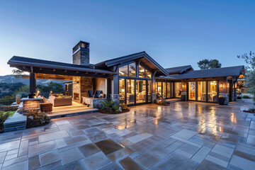 A sprawling Craftsman ranch with an open floor plan, large glass doors, and a seamless indoor-outdoor living space, nestled in a tranquil valley.