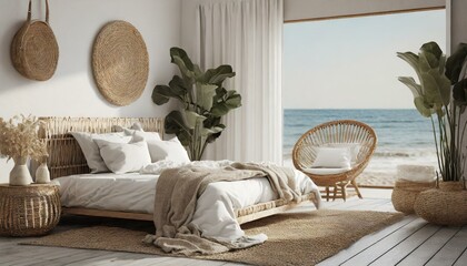 Home mockup, bedroom interior background with rattan furniture and blank wall, Coastal style, 3d renders