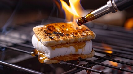 A handheld blowtorch being used to caramelize the marshmallow before adding it to the smore adding an extra layer of richness and flavor.