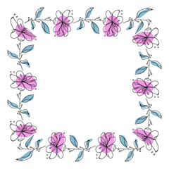 Hand drawn flowers wreath frame on white background