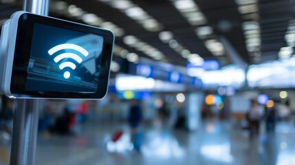 The image shows a digital signage displaying a Wi-Fi symbol in the airport.