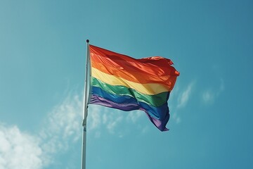 A rainbow flag on blue sky