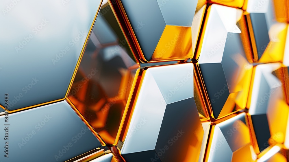 Poster digital rendering of an abstract background with golden geometric shapes and reflections.