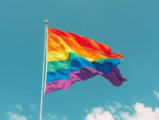 A rainbow flag on blue sky