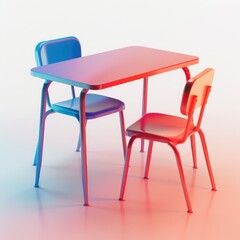 school classroom table with a chair. red and blue gradient colors, White background