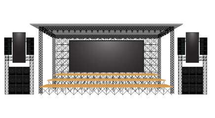 wooden stage and speaker with led screen on the truss system on the white background