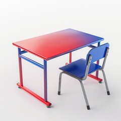 school classroom table with a chair. red and blue gradient colors, White background