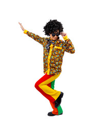 Asian hippie man dress in 80s vintage fashion with colorful retro funk disco clothing while dancing isolated on white background for fancy outfit party and pop culture concept