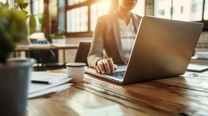 Professional woman using a laptop in a well-lit, modern office environment.