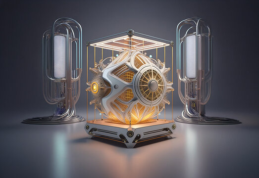 Computadora cu&aacute;ntica con formas org&aacute;nicas, en laboratorio tecnol&oacute;gico del futuro iluminado con luces led y fondo gris. Ilustraci&oacute;n IA generativa. 