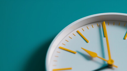 White wall clock with yellow numbers closeup. Time is money concept