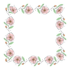 Hand drawn flowers wreath frame on white background