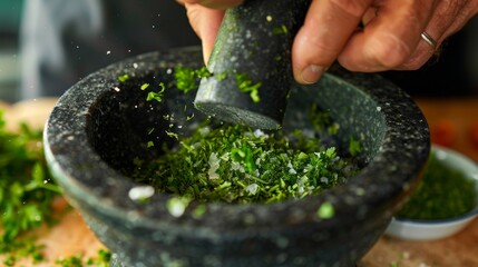 A closeup shot of a mortar and pestle being used to crush fresh herbs. - obrazy, fototapety, plakaty
