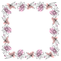 Hand drawn flowers wreath frame on white background