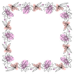 Hand drawn flowers wreath frame on white background