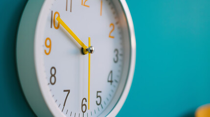 White wall clock with yellow numbers closeup. Time is money concept