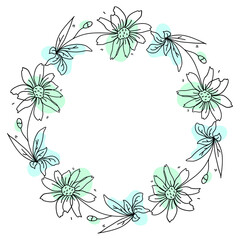 Hand drawn flowers wreath frame on white background
