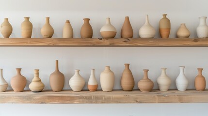 A collection of various handcrafted ceramic vases displayed on wooden shelves against a white wall.