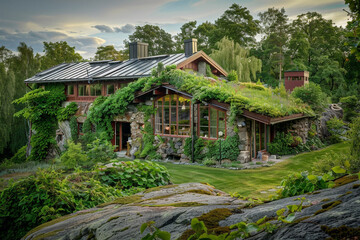 A Swedish eco-home nestled in a green belt area, with a living roof and walls covered in climbing plants, blending seamlessly with the natural surroundings.