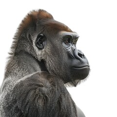 Obraz premium Intense close-up portrait of a gorilla against a pristine white backdrop.