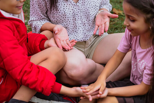 International Children Day. Latin mother having fun with her young children outdoors. Sitting on the ground playing with their hands. Concept of family. Single mother with two young children.