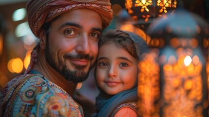 Obraz premium Ai Generative photo of a happy muslim family with ramadan lanterns in streets