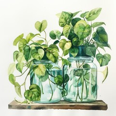 monstera and pothos plant in glass containers cute, simple, greens leaves, white background
