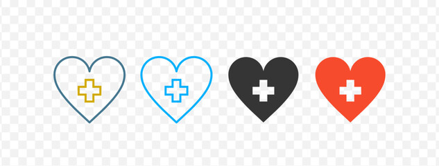 Heart shape with a cross inside. 4 different styles of Vector icon