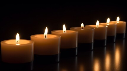 A row of candles flickering rhythmically in a dark, serene setting, ideal for themes of meditation and relaxation