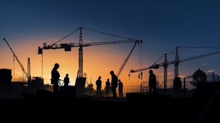 Silhouettes of workers stand out against the backdrop of a busy construction site at dusk
