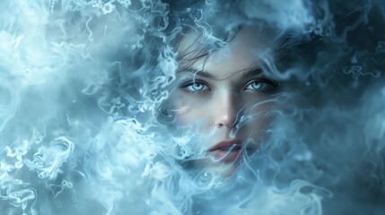 Womans face subtly emerges from the swirling clouds, her features softened by the ethereal surroundings