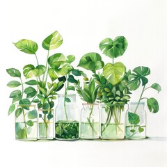 monstera and pothos plant in glass containers cute, simple, greens leaves, white background