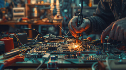 An expert in electronics repair works on a circuit board, with the soldering iron emitting a shower of sparks.