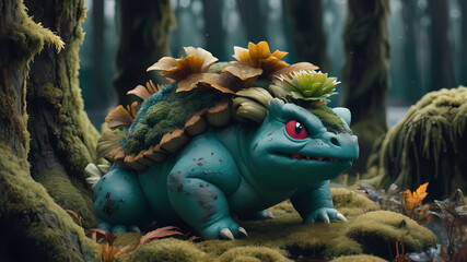 A realistic Venusaur animal among the trees, forest lake, moss, cold weather, dark teal and amber,...