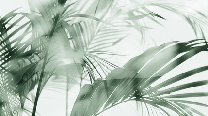 palm leaves in a blurred  green and gray, delicate floral, organic, fluid lines on white background