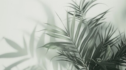 palm leaves in a blurred  green and gray, delicate floral, organic, fluid lines on white background