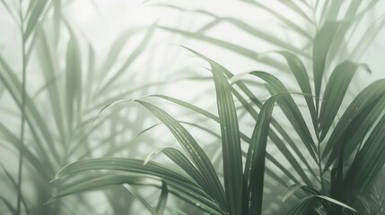 palm leaves in a blurred  green and gray, delicate floral, organic, fluid lines on white background