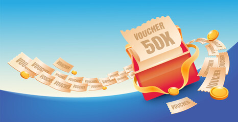 Vector gift box opens with discount code and coins fly around