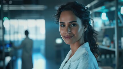 woman, wearing a lab coat, standing in a clinical lab