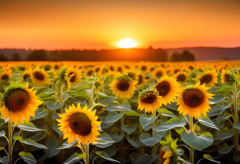 A field of blooming sunflowers during sunset, with a golden light and blurred background.