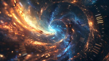 Obraz premium A Digital Clock Transforms into a Swirling Galaxy, Illustrating Time on a Cosmic Scale