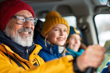 Cheerful senior man with a beard and two happy grandchildren using a map during a family car trip