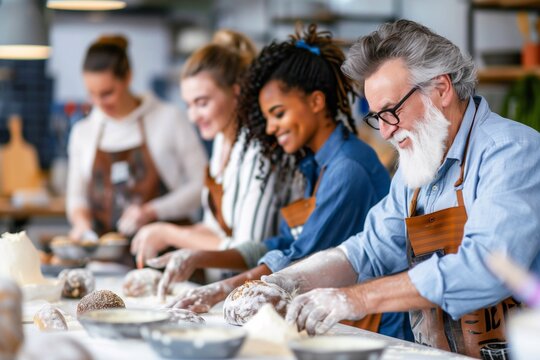 Senior Instructor Teaching Bread Making to Adult Students in Bakery Workshop - Powered by Adobe