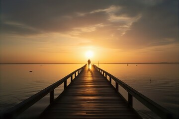 Fototapeta premium pier, lone, figure, standing, unusual, long, water, solitude, silhouette, serene, isolated, calm, tranquil, horizon, mysterious, ocean
