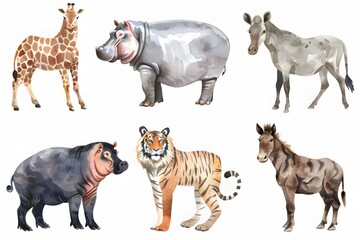 Fototapeta premium Vivid Tropical Scene with Hippopotamus, Tiger, Pig, and Squirrel in a Jungle Setting