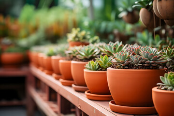 Miniature succulent plants in terracotta pots, stock photo