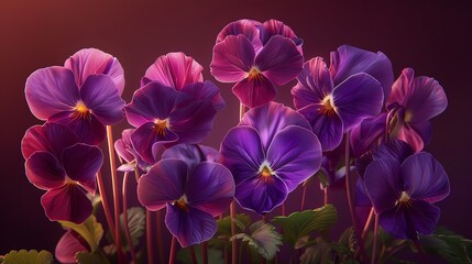 Violets in bloom, rich burgundy background, botanical arts magazine cover, warm backlight, centered and lush