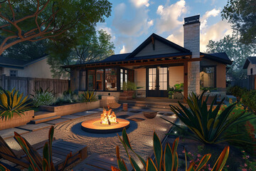 A 3D render of a Craftsman bungalow in the heart of Austin, Texas, with an open-concept layout, modern interior updates, and a backyard oasis featuring native plants and a fire pit.